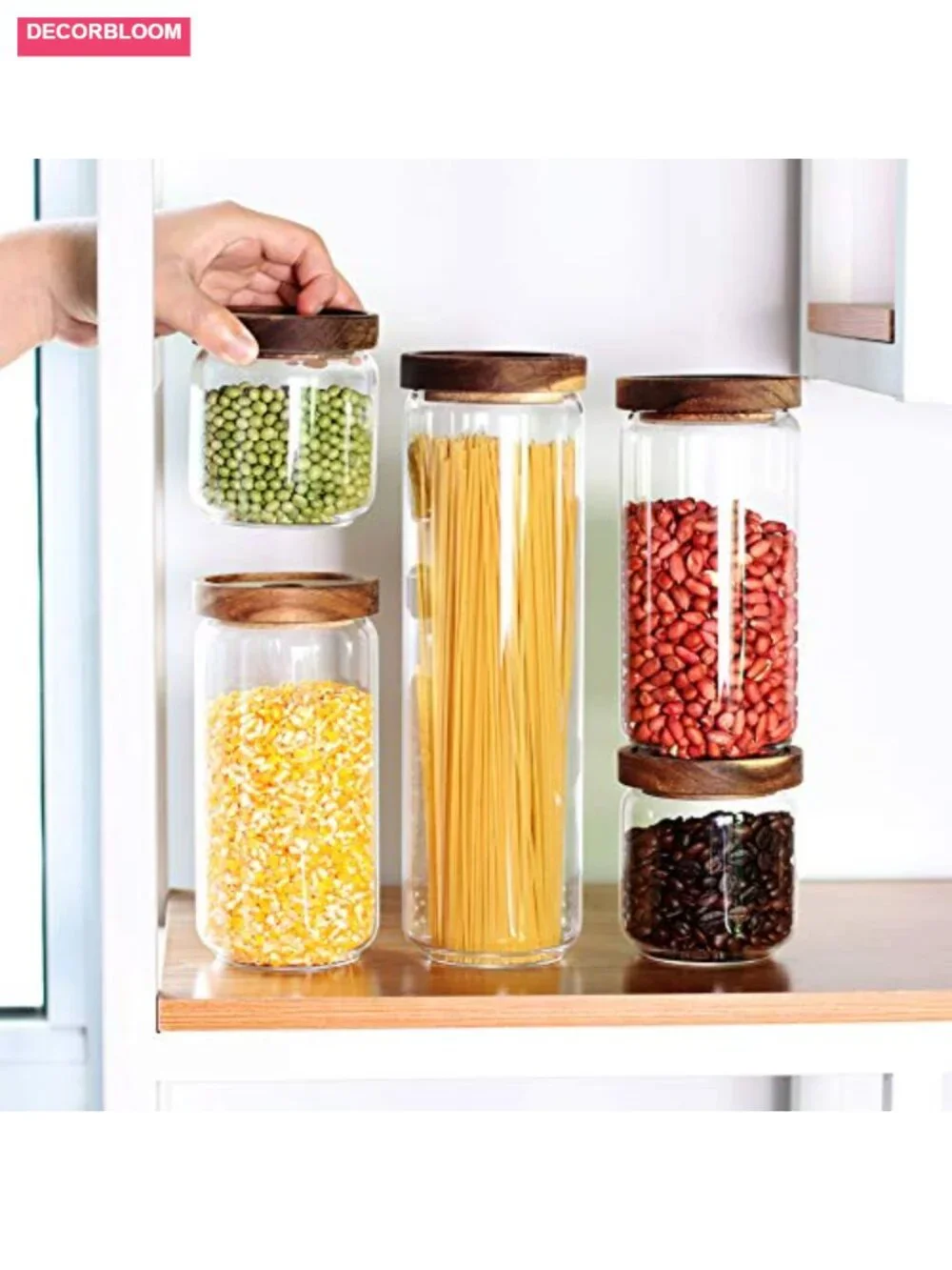 5-Piece Glass Canister Set with Airtight Acacia Wood Lids Kitchen Storage